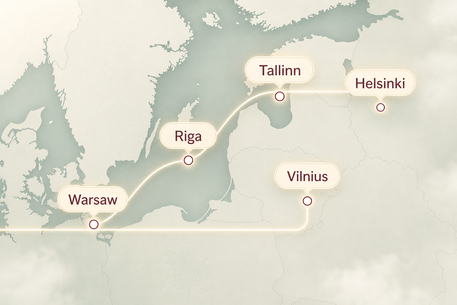 Light Europe route map with marked logistics cities